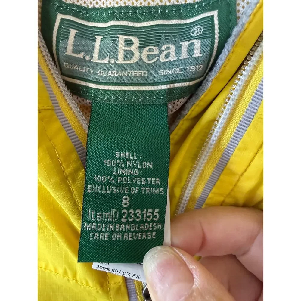 L.L.Bean Kids Yellow Hooded Rain Jacket Windbreaker Size 8 Nylon Reflective